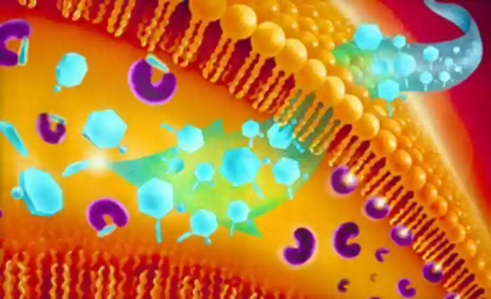 Mechanism of action of the drug aspirin. Aspirin works by stopping prostaglandin being made: aspirin molecules (blue hexagons) enter the cell and chemically modify the cyclooxygenase <a  tabindex='0' class='popover-dismiss' href='/glossary/e#enzyme' data-target-type='glossary' data-target-url='/glossary/e#enzyme' data-bs-toggle='popover' data-bs-trigger='focus' title='enzyme' data-bs-content='1789' >enzyme</a> (purple) to prevent prostaglandin being made.