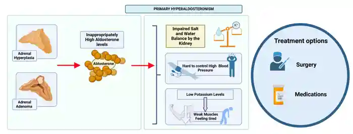 Figure 2:  In Primary Hyperaldosteronism, the adrenal glands produce too much aldosterone due to hyperplasia (overgrowth) or an adenoma (<a  tabindex='0' class='popover-dismiss' href='/glossary/b#benign' data-target-type='glossary' data-target-url='/glossary/b#benign' data-bs-toggle='popover' data-bs-trigger='focus' title='benign' data-bs-content='1482' >benign</a> tumour). This disrupts salt and water balance, leading to high blood pressure and low potassium, which can cause weak muscles and tiredness. Treatments include surgery and medication. Made using Biorender.